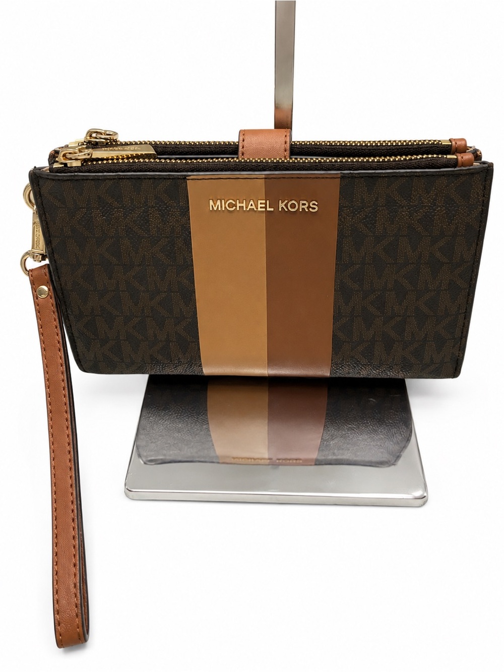 MICHAEL KORS Jet Set Large Signature Logo Stripe Smartphone Wallet | Brown - Picture 4 of 16
